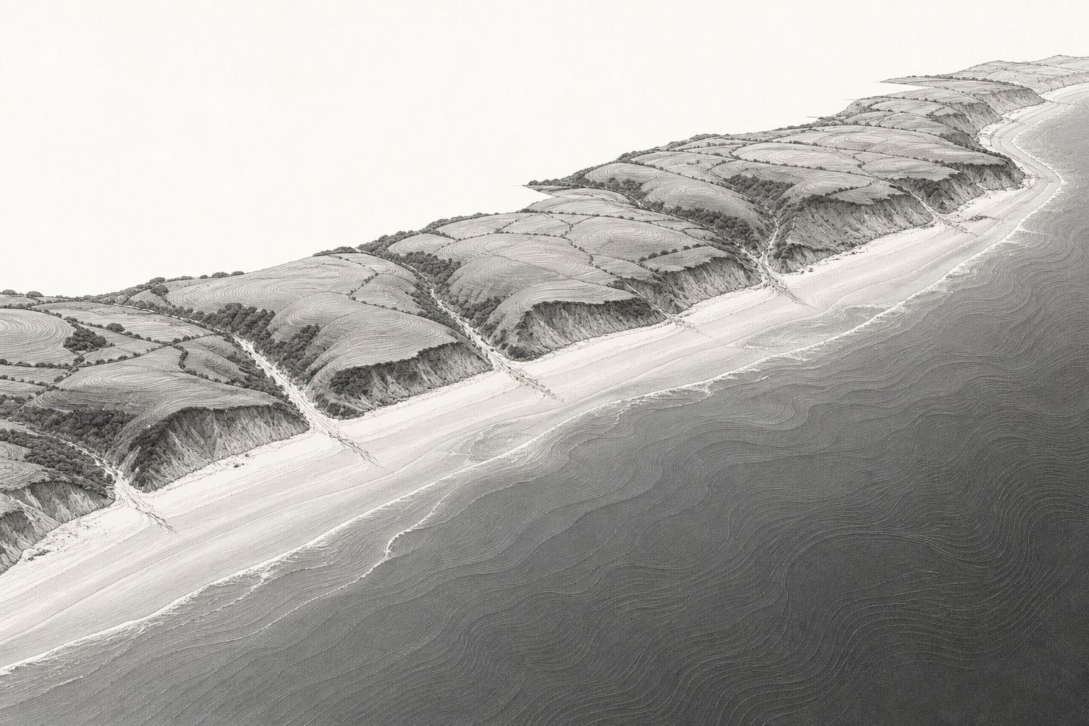 Monochrome illustrative coastal relief inspired by the Omaha Beach terrain simulation.